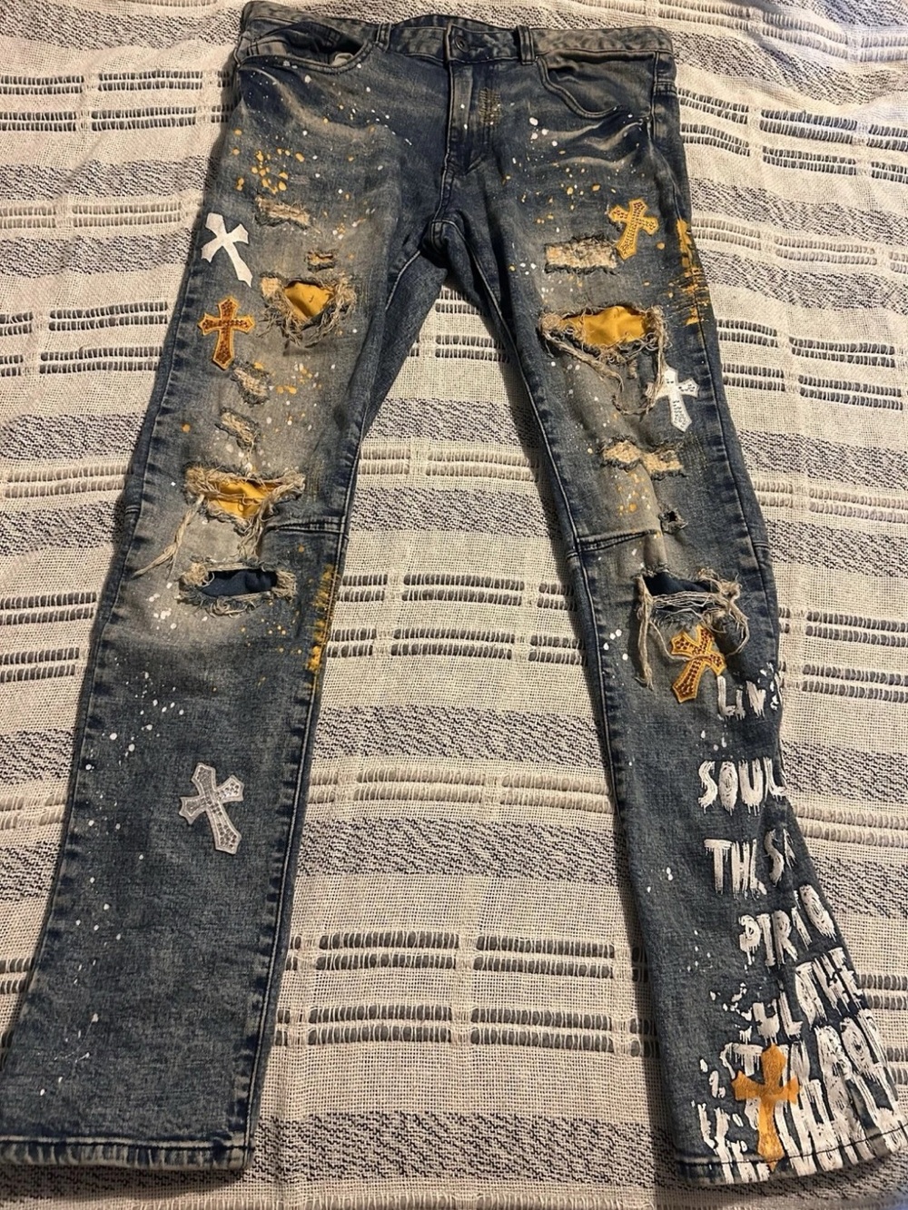 Smoke Rise Mens Jeans 32x32 Distressed Graffiti Paint Splatter Grunge Read Descr - Picture 3 of 11